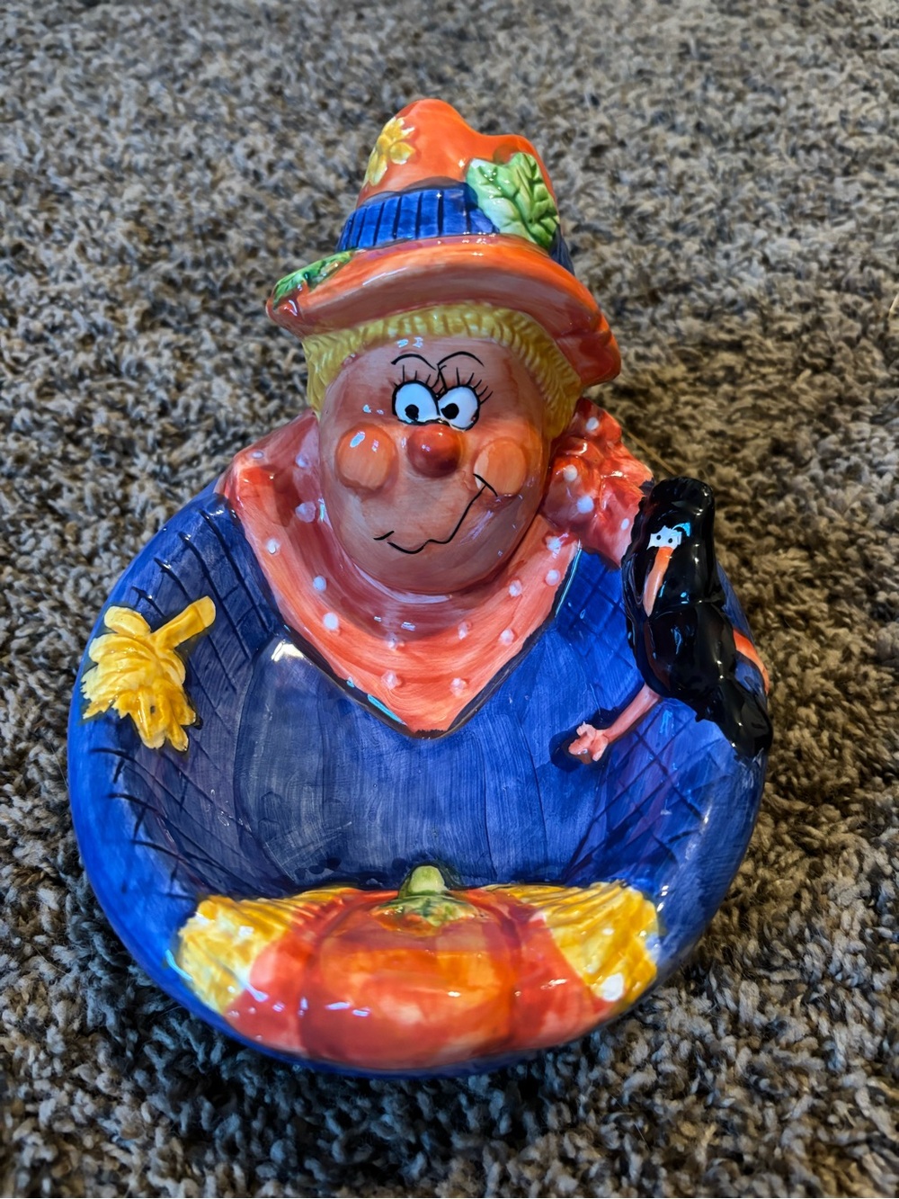 Hand-Painted Vintage Halloween Scarecrow Trinket Dish - Orange & Blue
